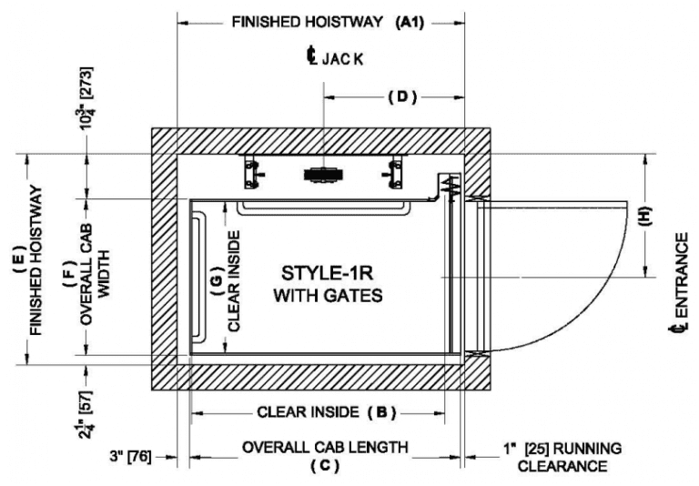 Elevator plan diagram with measurements and labels.