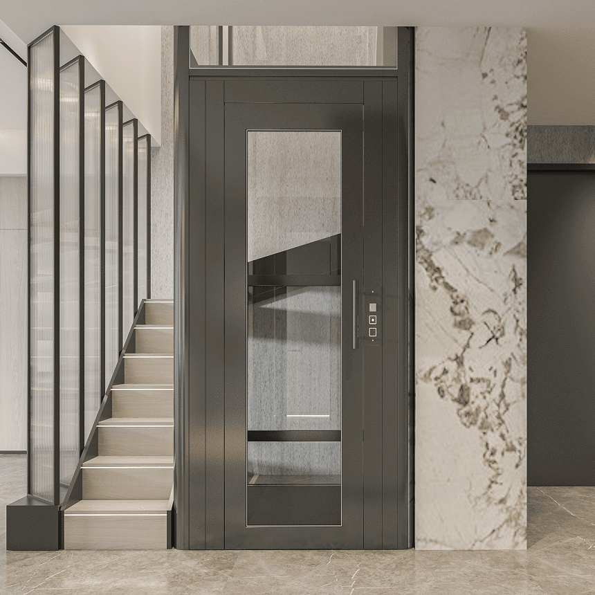 Modern elevator and staircase in sleek interior.